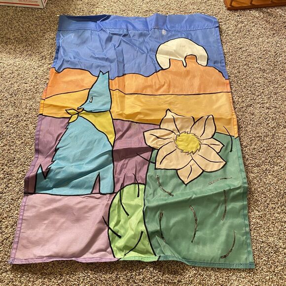 Moon In The Desert With Howling Wolf Nylon Garden Banner Flag Approx 39”X 27” - Picture 4 of 4